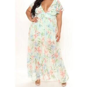 NWT Fashion Nova Trips To Thailand Maxi Dress Mint Floral 2X